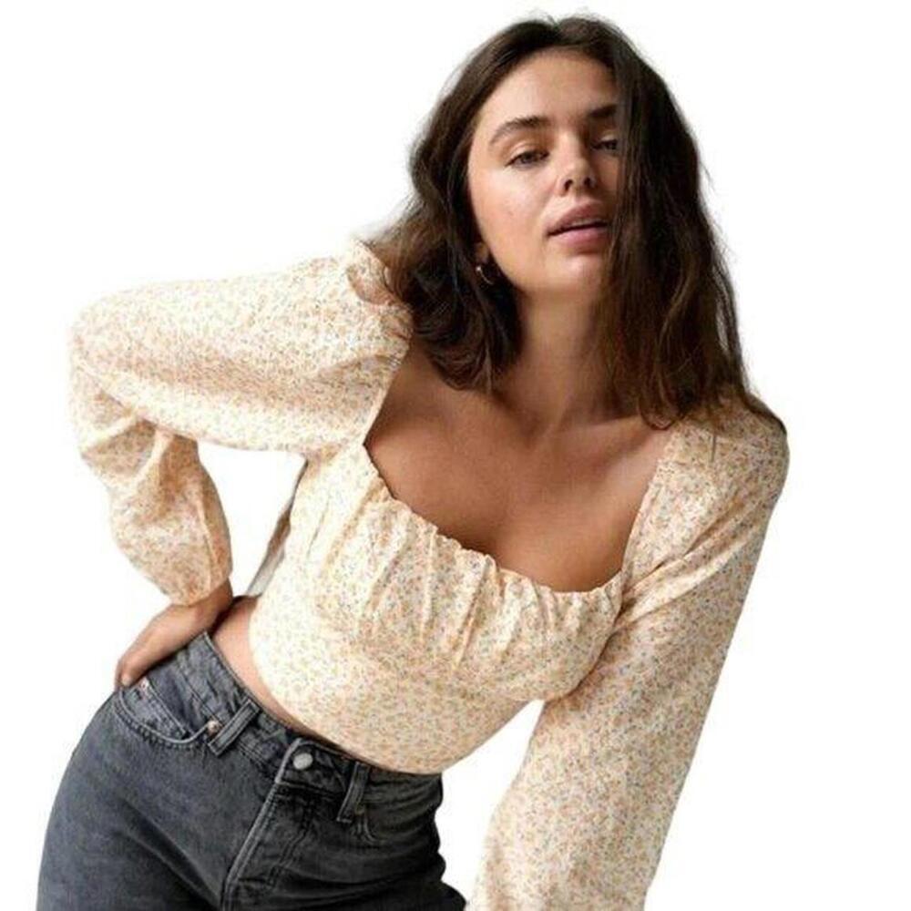 Elodie Yellow Floral Balloon Sleeve Crop Top Size L Square Neck picnic cottage